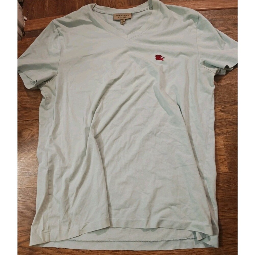 Burberry London Light Blue TShirt Men's XL V Neck Embroidered Logo Casual Preppy